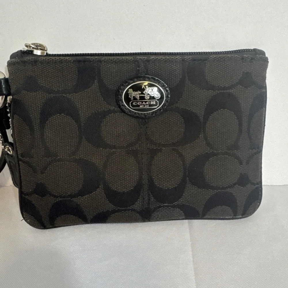 Coach Signature Small Wristlet Wallet Black Jacquard Blue Satin Lining So Nice!‎